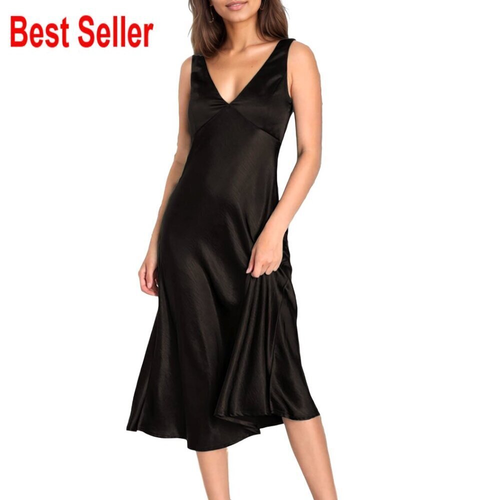 Satin V-Neck Backless Midi Dress, Sleeveless Formal A-Line Wedding Guest Dress